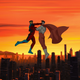 Two superheroes fight in the sky against a sunset, high above a city, in a scene from animated series Invincible.